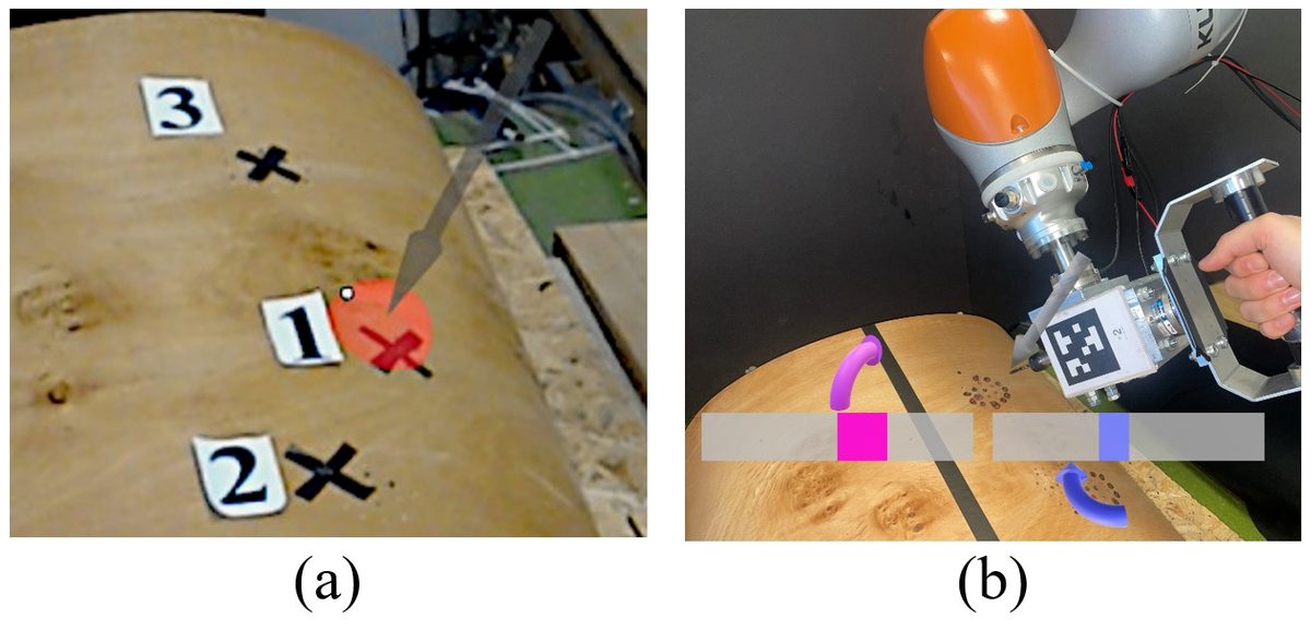 Augmented-reality view with a target hemisphere at the drill point, and the robot-mounted drill with AR alignment bars
