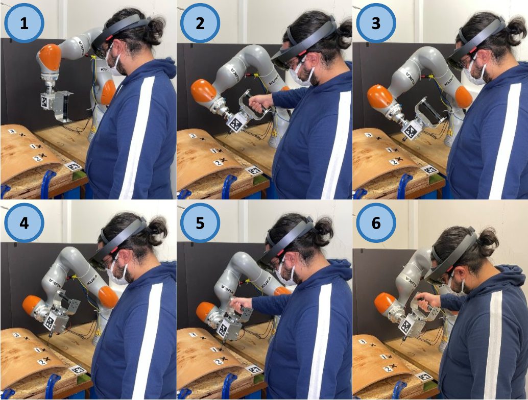 Six snapshots of the drilling protocol with haptic guidance