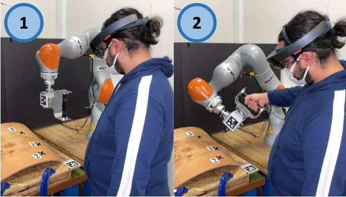 An operator wearing a HoloLens guides a KUKA iiwa with a mounted drill toward a curved wooden workpiece