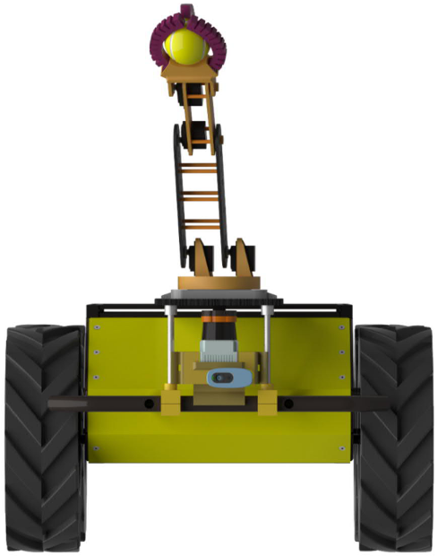 Rendering of the mobile robot with a 3D-printed serial arm and a soft gripper holding a ball
