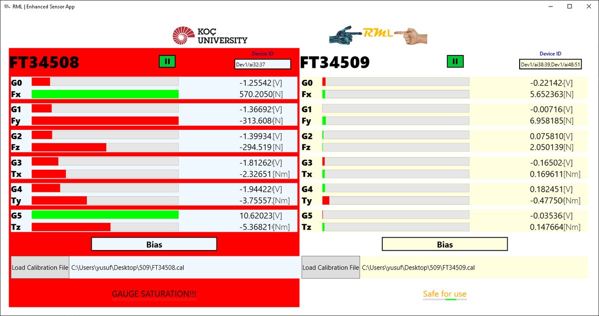 Force/torque sensor application showing live readings from two ATI sensors